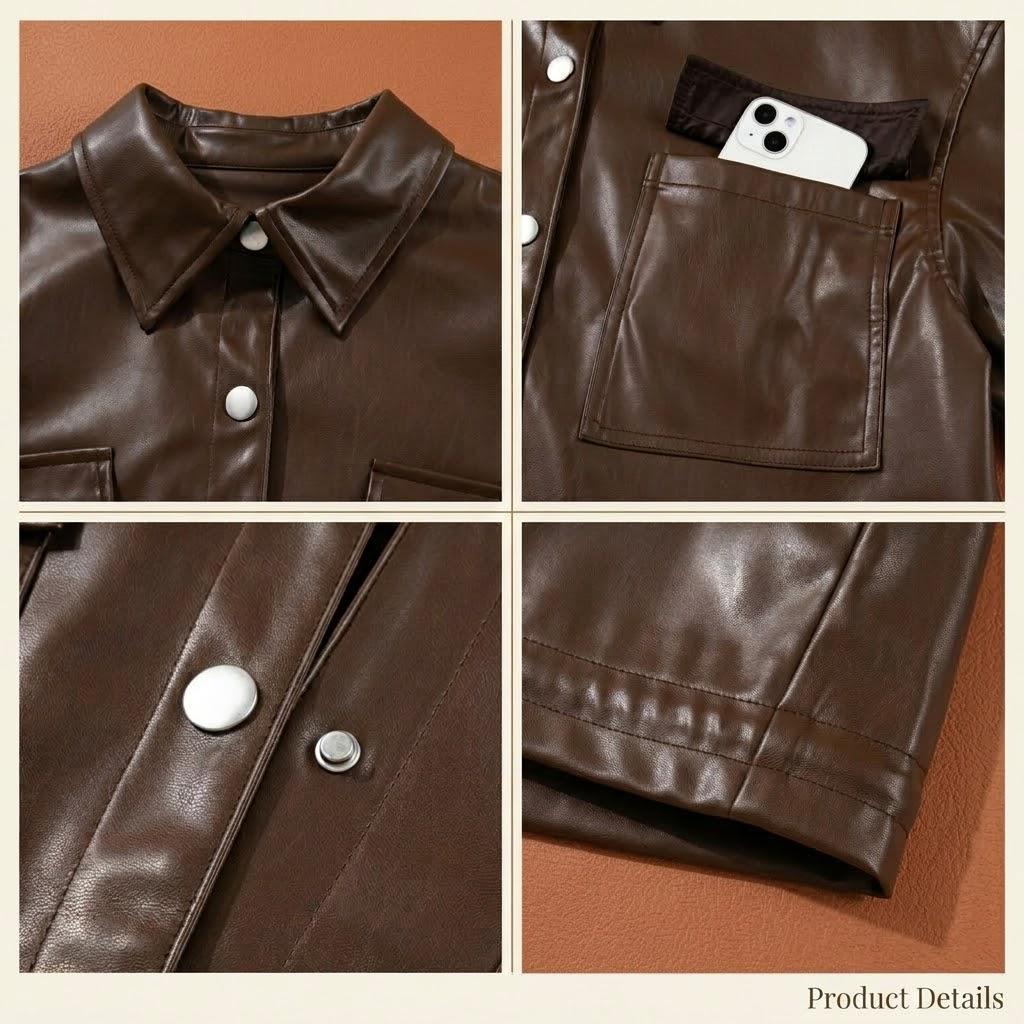 Brown Faux Leather Jacket, Women’s Fall Jacket, Drawstring Hem Coat