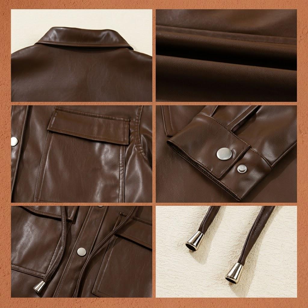 Brown Faux Leather Jacket, Women’s Fall Jacket, Drawstring Hem Coat