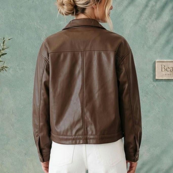 Brown Faux Leather Jacket, Women’s Fall Jacket, Drawstring Hem Coat