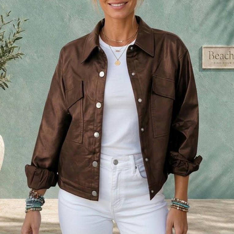 Brown Faux Leather Jacket, Women’s Fall Jacket, Drawstring Hem Coat