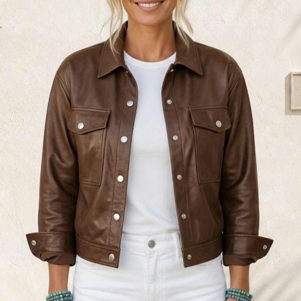 Brown Faux Leather Jacket, Women’s Fall Jacket, Drawstring Hem Coat