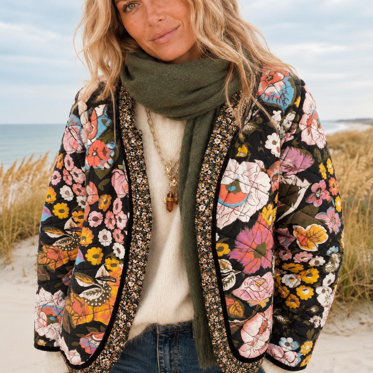Floral Quilted Sherpa Jacket, Cozy Fall Coat, Boho Floral Outerwear, S-3XL, Beachchi Jacket