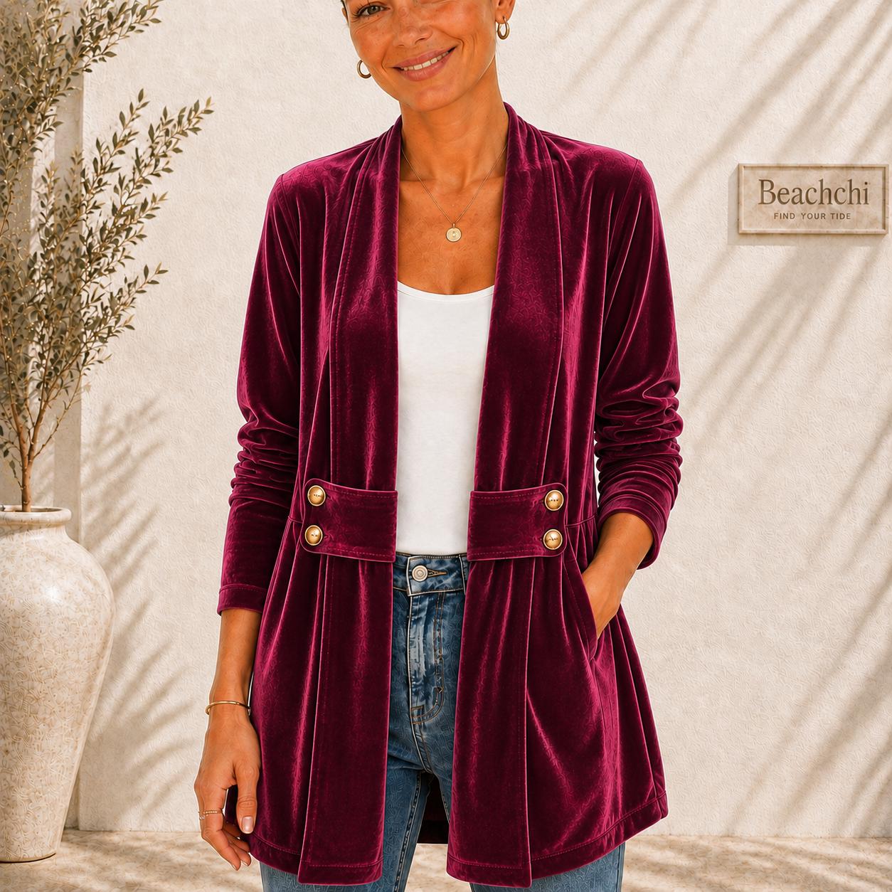 Velvet Open Front Jacket, Longline Blazer, Gold Button Detail, Fall Holiday Layer, S-2XL,  Beachchi