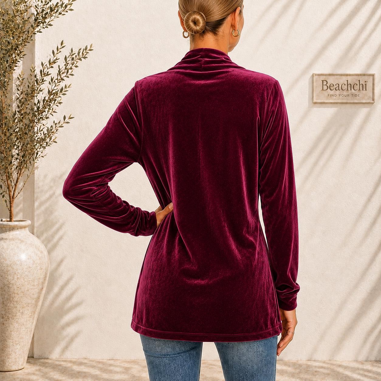 Velvet Open Front Jacket, Longline Blazer, Gold Button Detail, Fall Holiday Layer, S-2XL,  Beachchi