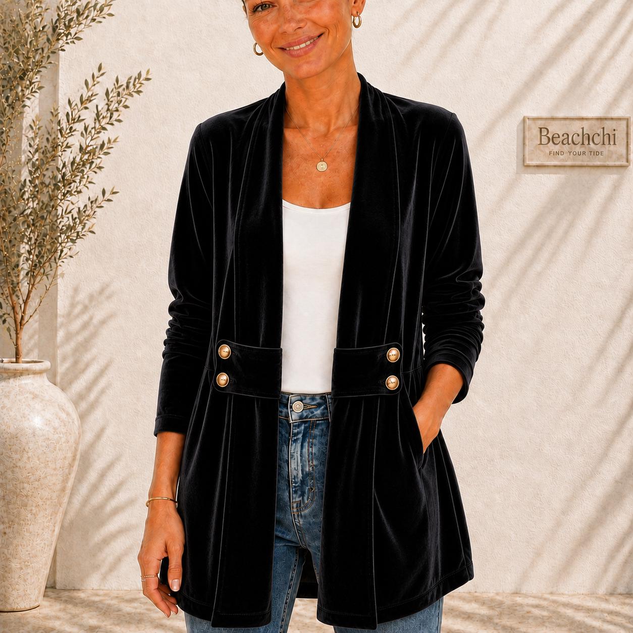 Velvet Open Front Jacket, Longline Blazer, Gold Button Detail, Fall Holiday Layer, S-2XL,  Beachchi