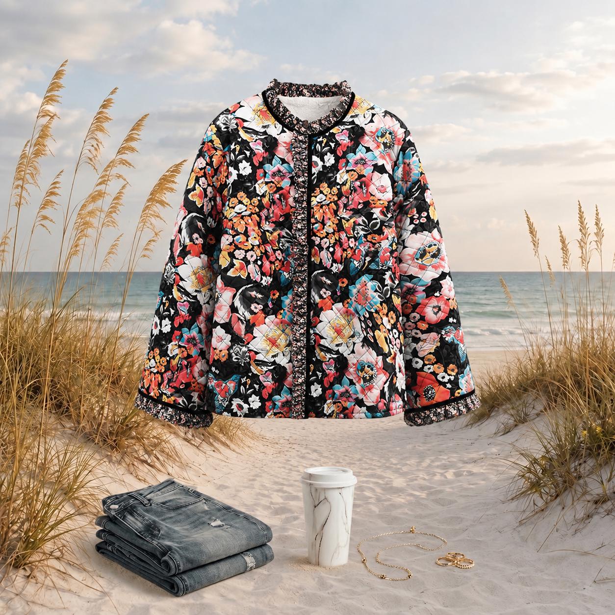 Floral Quilted Sherpa Jacket, Cozy Fall Coat, Boho Floral Outerwear, S-3XL, Beachchi Jacket