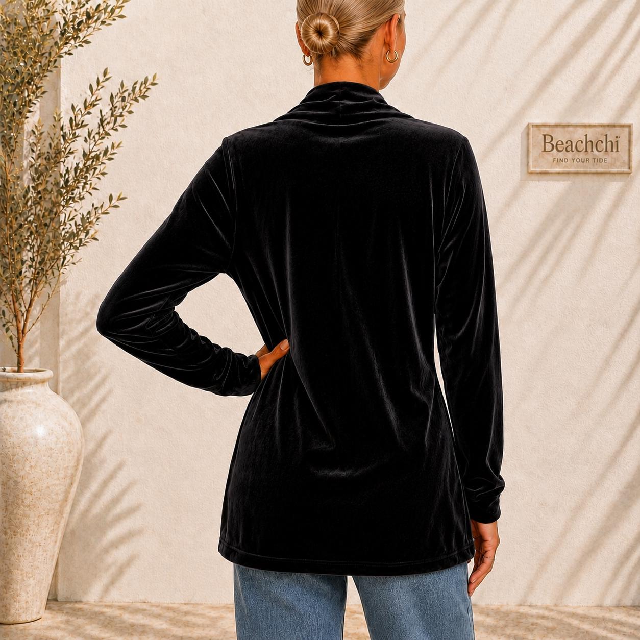Velvet Open Front Jacket, Longline Blazer, Gold Button Detail, Fall Holiday Layer, S-2XL,  Beachchi