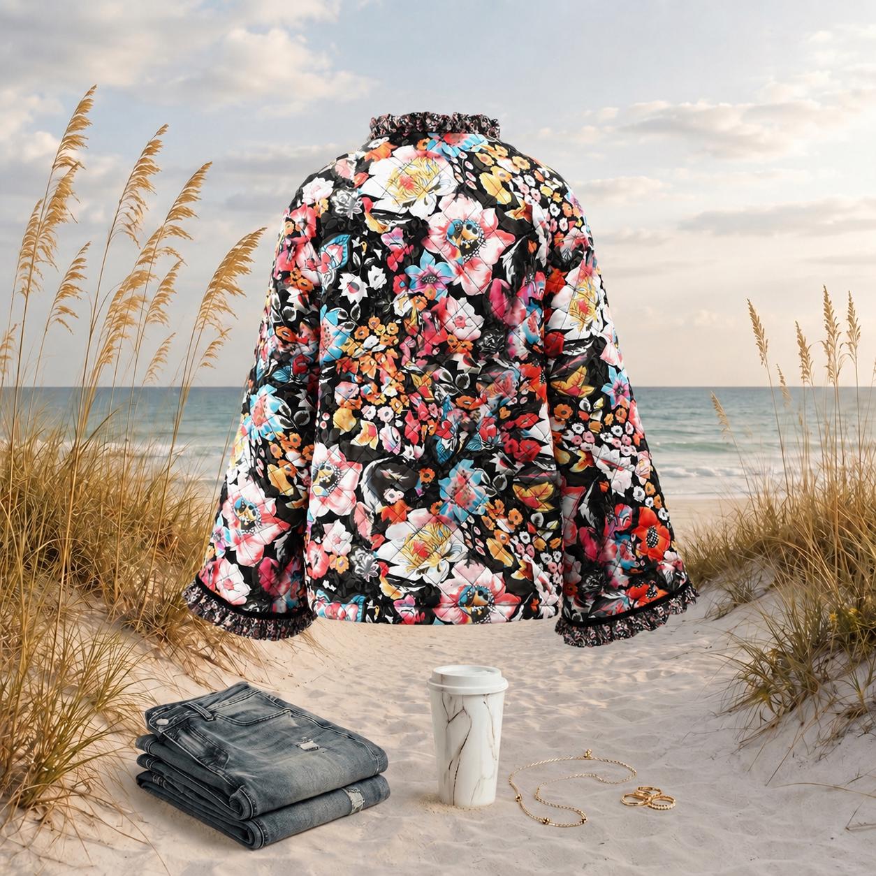 Floral Quilted Sherpa Jacket, Cozy Fall Coat, Boho Floral Outerwear, S-3XL, Beachchi Jacket