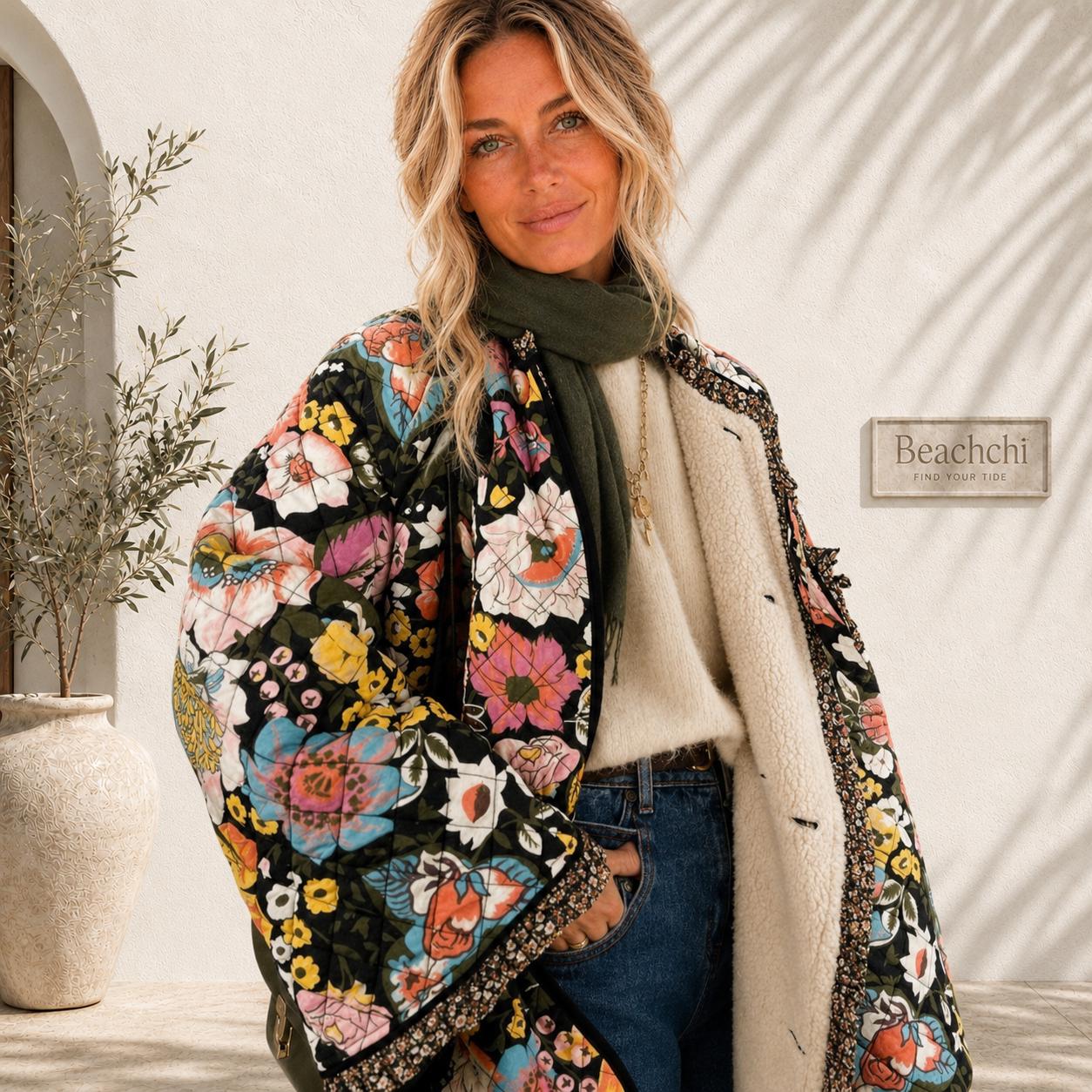 Floral Quilted Sherpa Jacket, Cozy Fall Coat, Boho Floral Outerwear, S-3XL, Beachchi Jacket