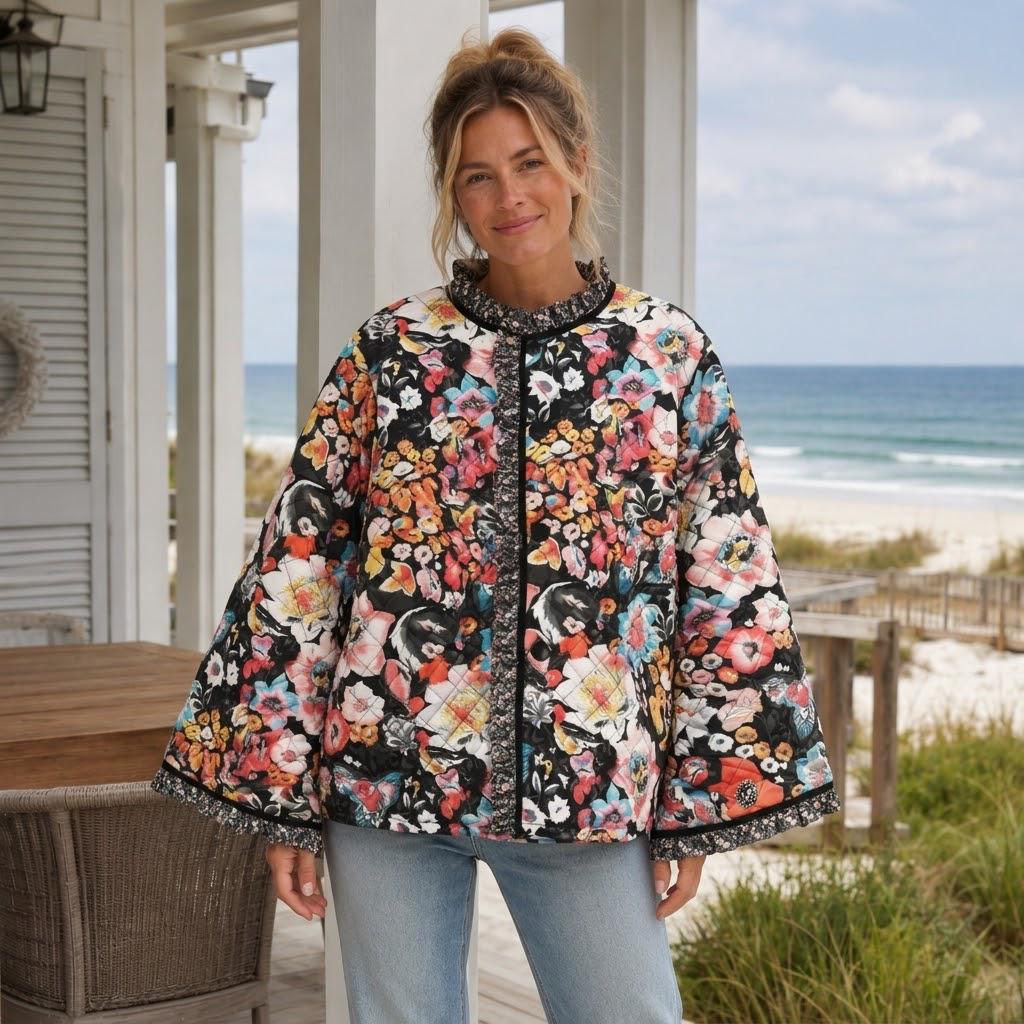 Floral Quilted Sherpa Jacket, Cozy Fall Coat, Boho Floral Outerwear, S-3XL, Beachchi Jacket