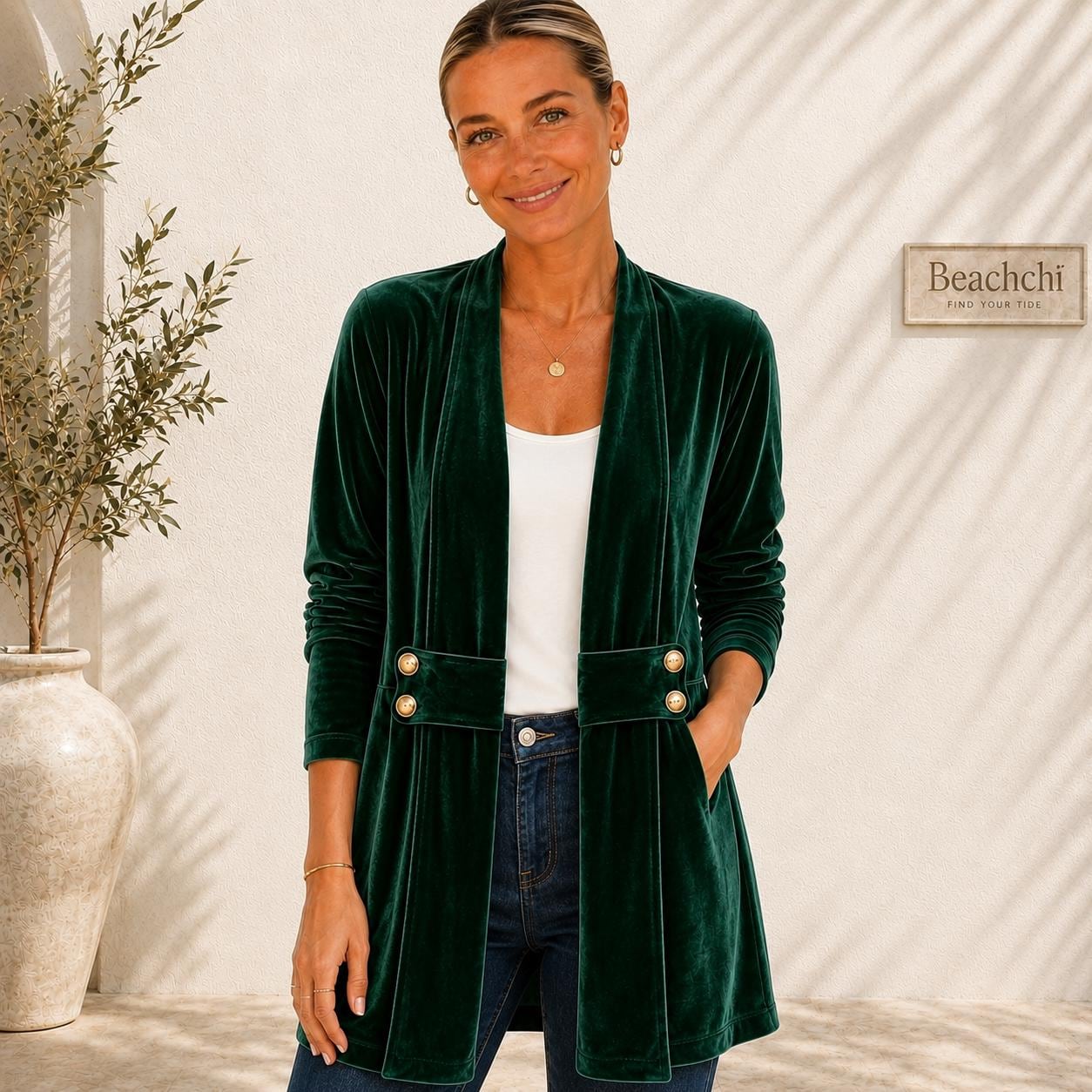 Velvet Open Front Jacket, Longline Blazer, Gold Button Detail, Fall Holiday Layer, S-2XL,  Beachchi