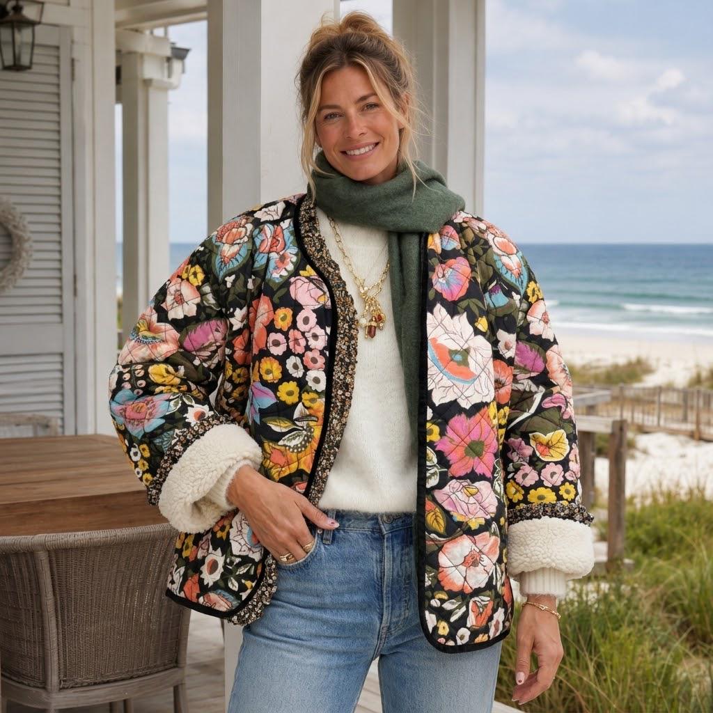 Floral Quilted Sherpa Jacket, Cozy Fall Coat, Boho Floral Outerwear, S-3XL, Beachchi Jacket