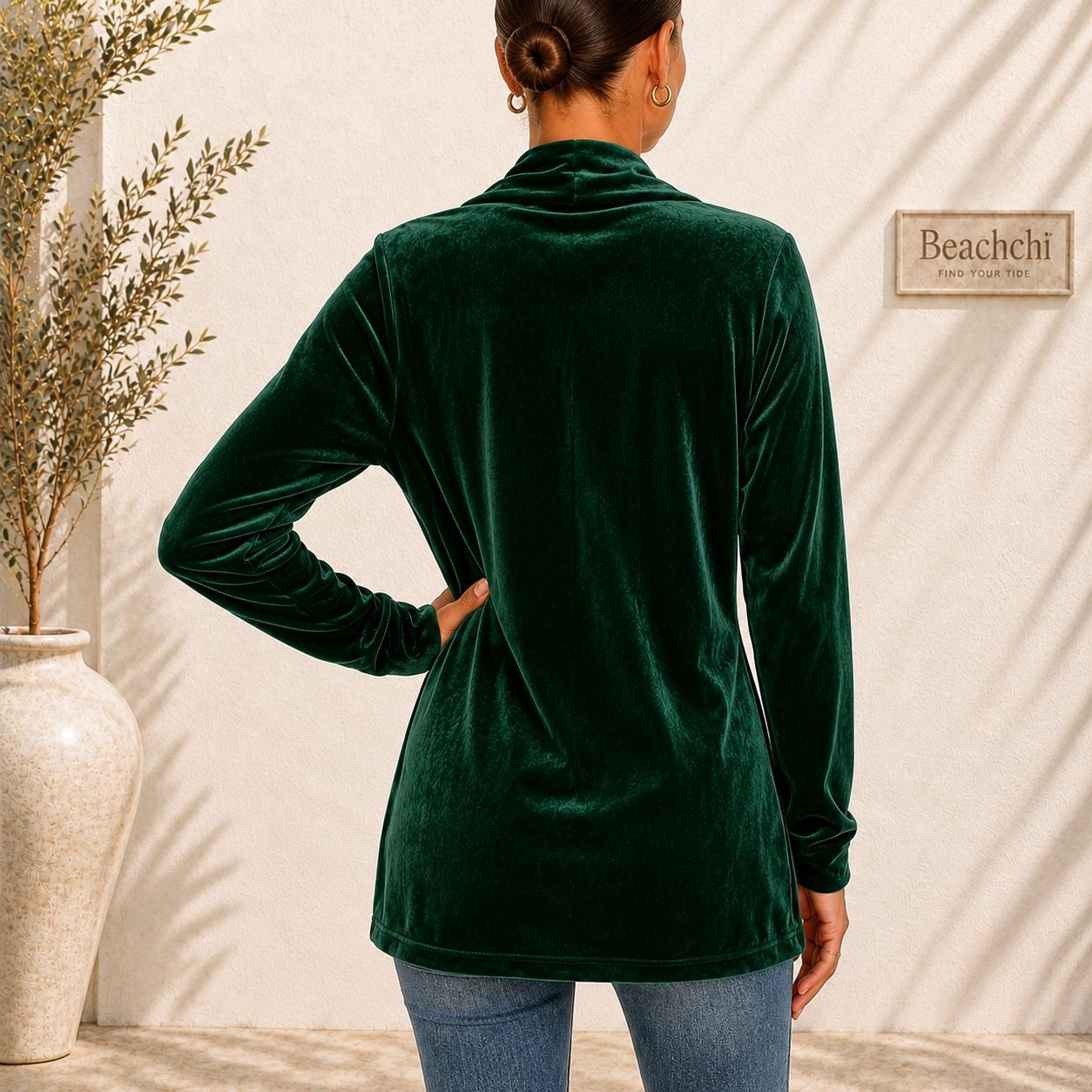 Velvet Open Front Jacket, Longline Blazer, Gold Button Detail, Fall Holiday Layer, S-2XL,  Beachchi