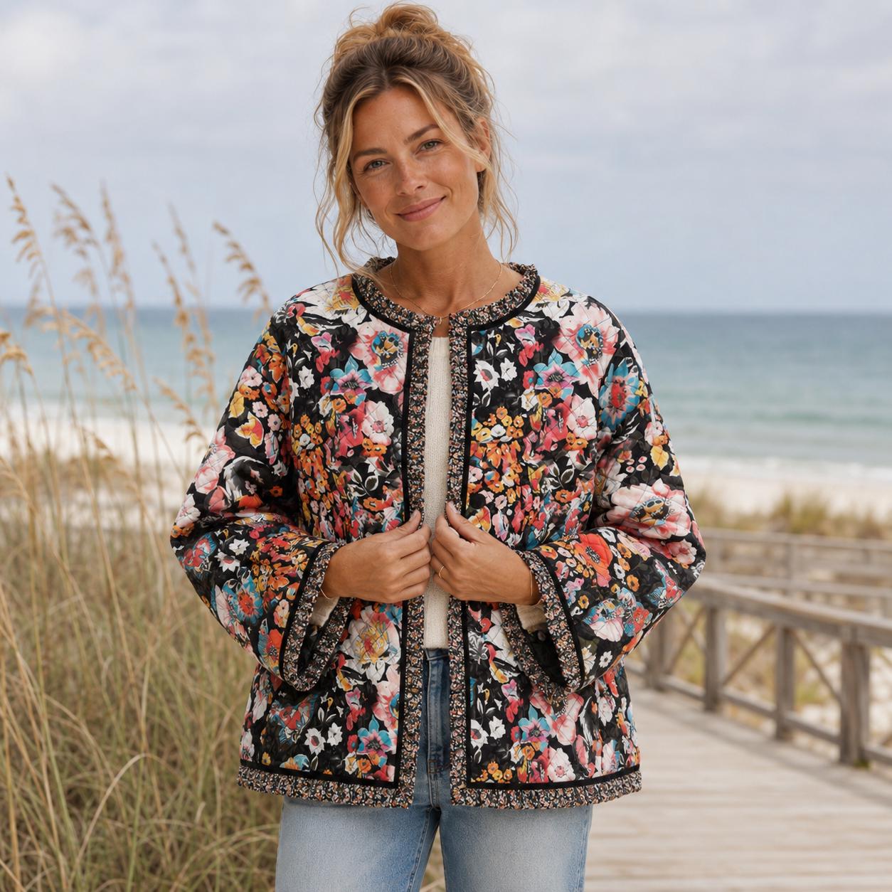 Floral Quilted Sherpa Jacket, Cozy Fall Coat, Boho Floral Outerwear, S-3XL, Beachchi Jacket