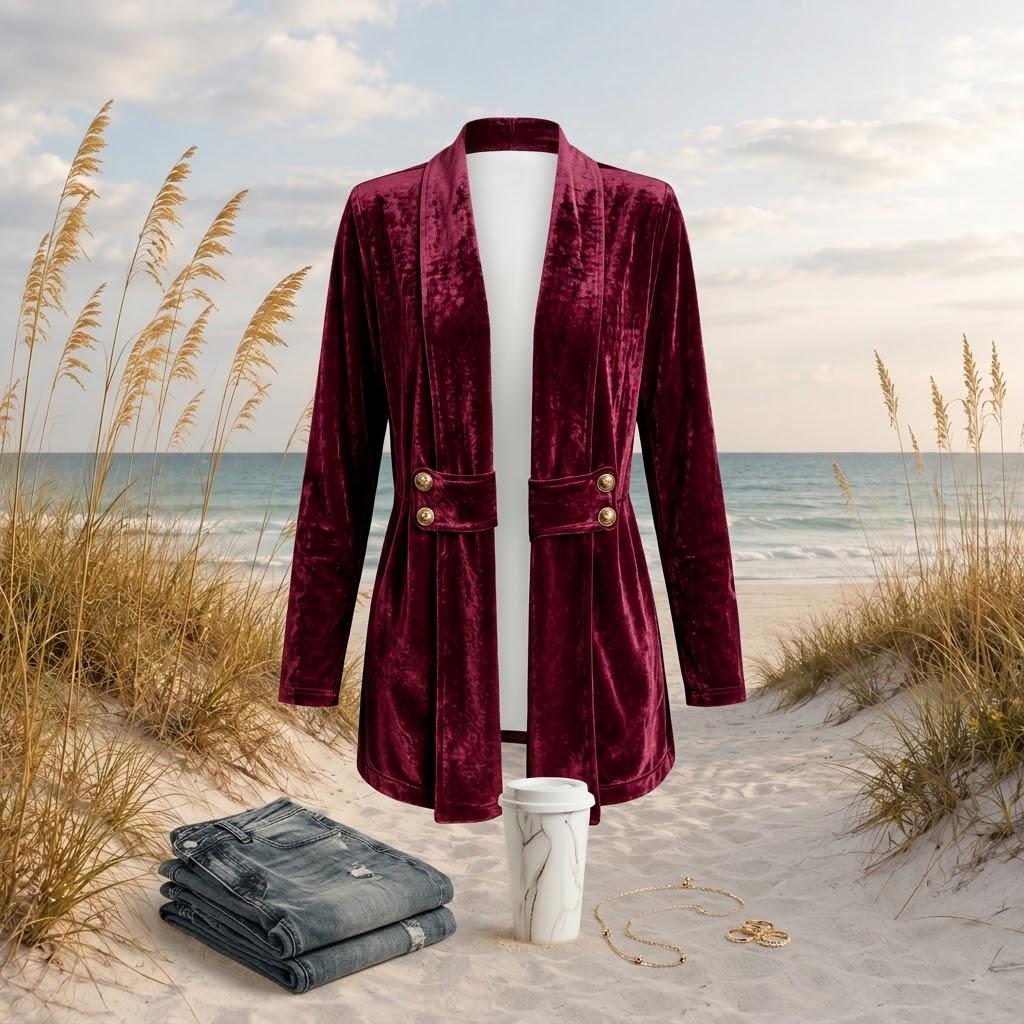 Velvet Open Front Jacket, Longline Blazer, Gold Button Detail, Fall Holiday Layer, S-2XL,  Beachchi
