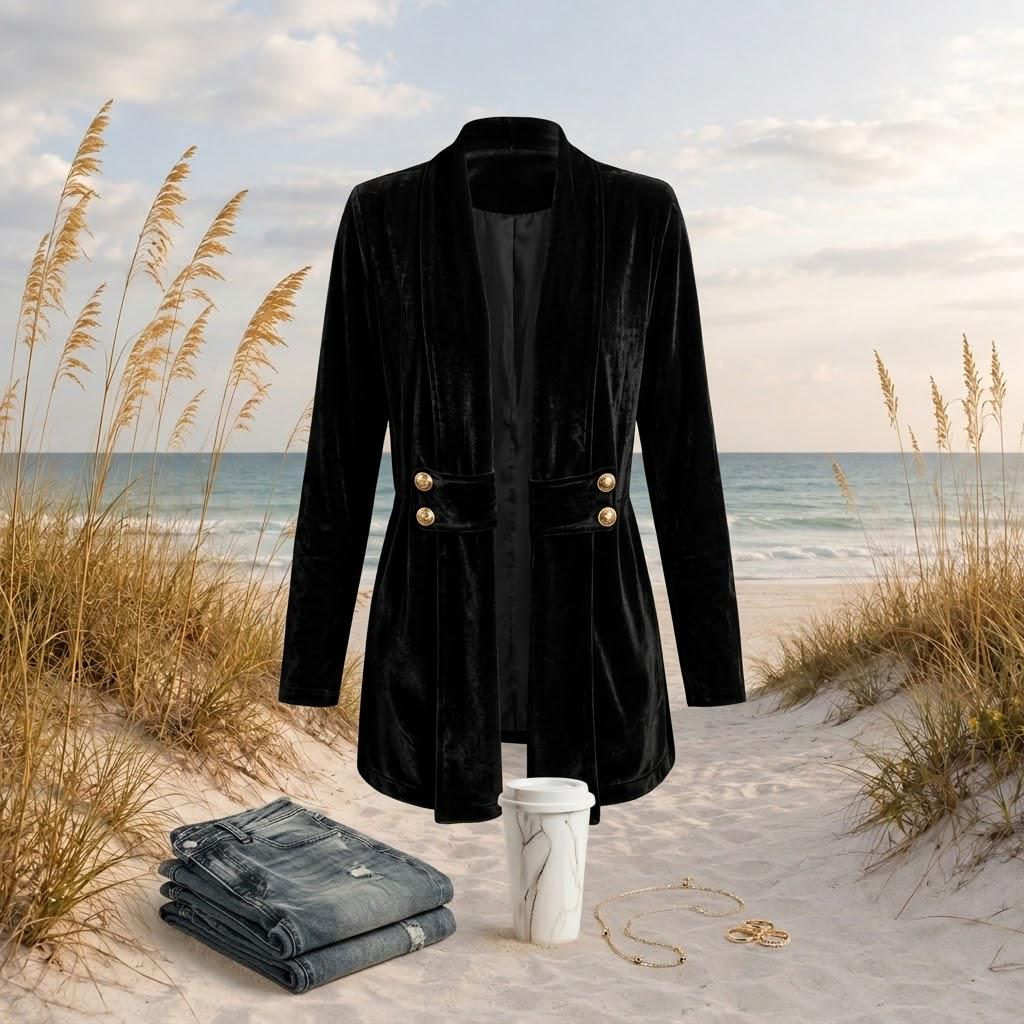 Velvet Open Front Jacket, Longline Blazer, Gold Button Detail, Fall Holiday Layer, S-2XL,  Beachchi