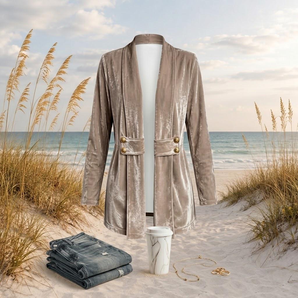 Velvet Open Front Jacket, Longline Blazer, Gold Button Detail, Fall Holiday Layer, S-2XL,  Beachchi