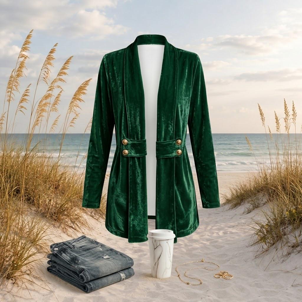 Velvet Open Front Jacket, Longline Blazer, Gold Button Detail, Fall Holiday Layer, S-2XL,  Beachchi