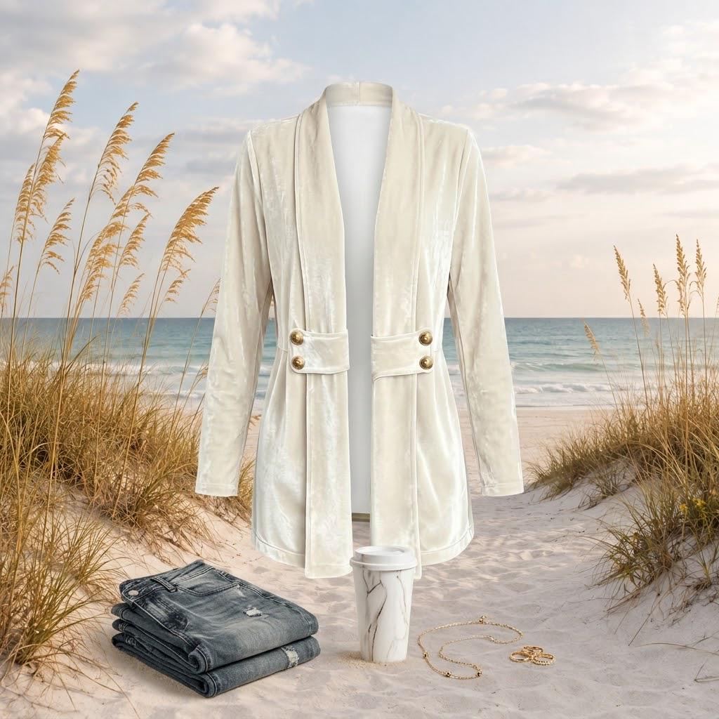 Velvet Open Front Jacket, Longline Blazer, Gold Button Detail, Fall Holiday Layer, S-2XL,  Beachchi