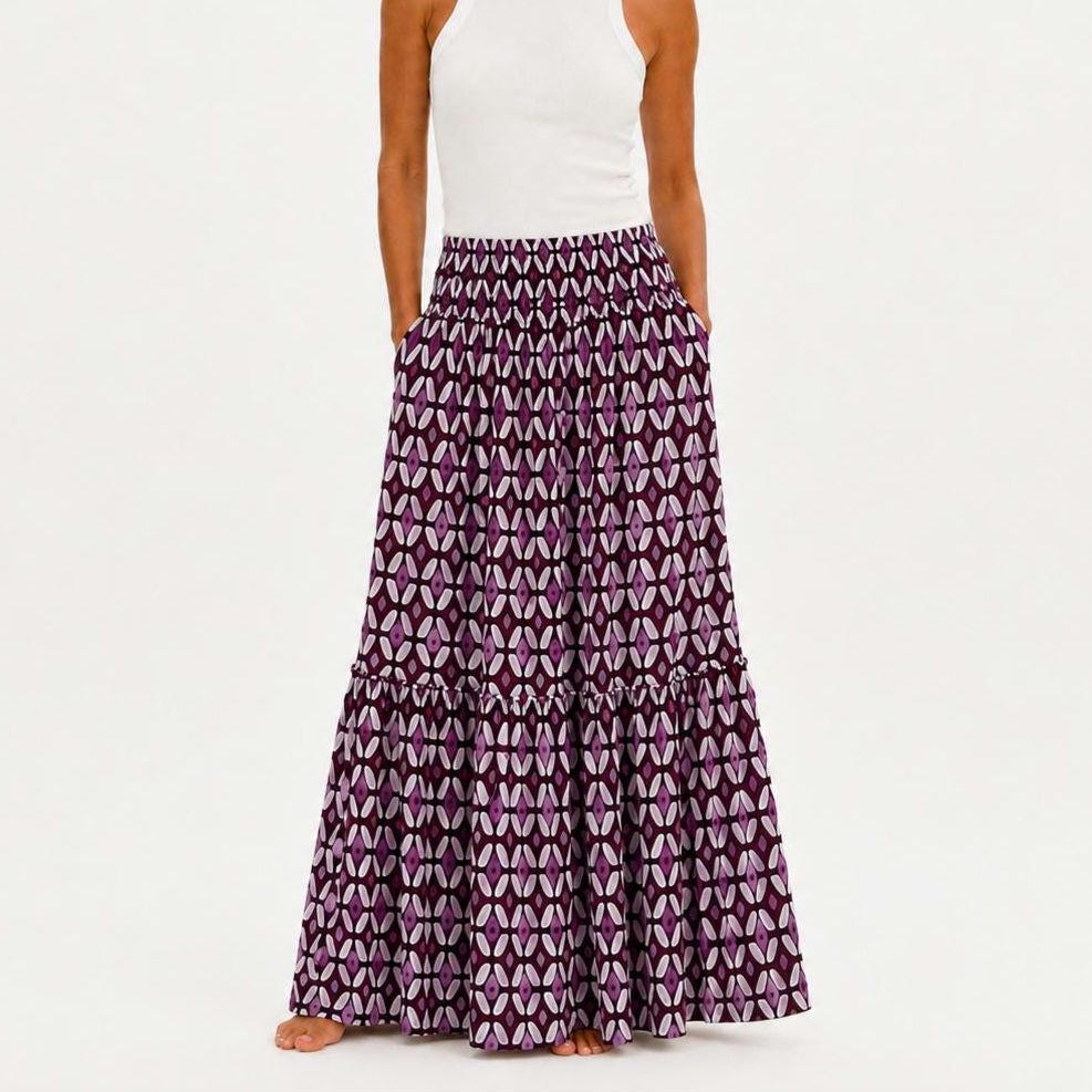 Mauve Geometric Maxi Skirt, Smocked Waist Tiered Skirt, Boho Print Long Skirt, Women’s Vacation Skirt, Beachchi Skirt
