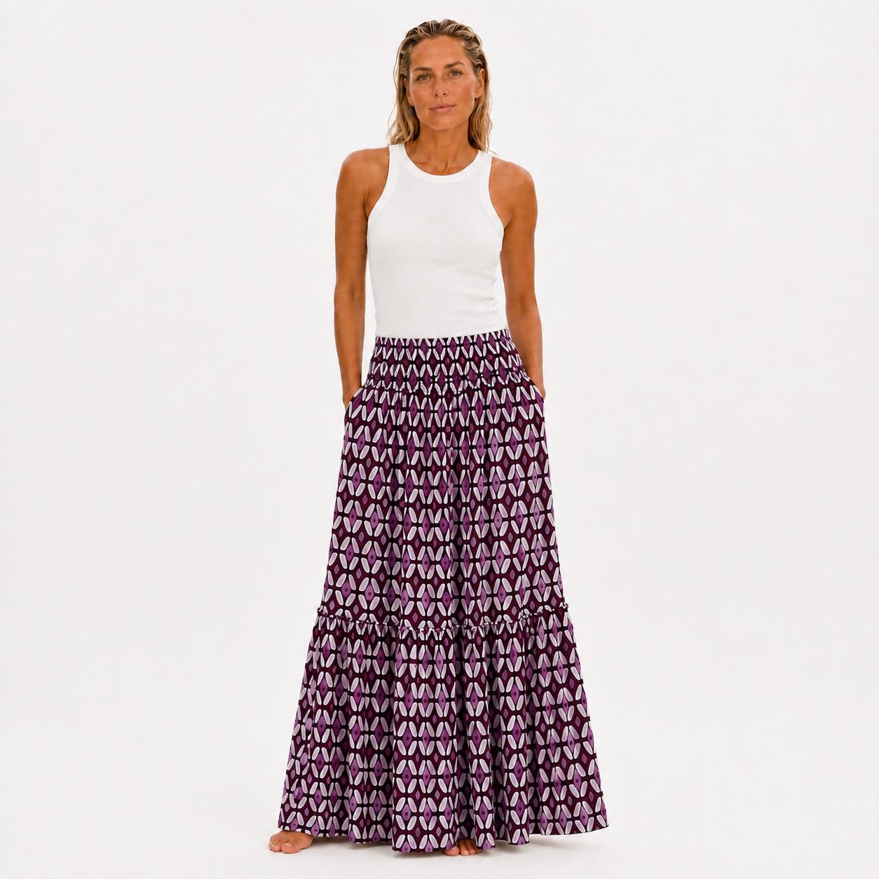 Mauve Geometric Maxi Skirt, Smocked Waist Tiered Skirt, Boho Print Long Skirt, Women’s Vacation Skirt, Beachchi Skirt