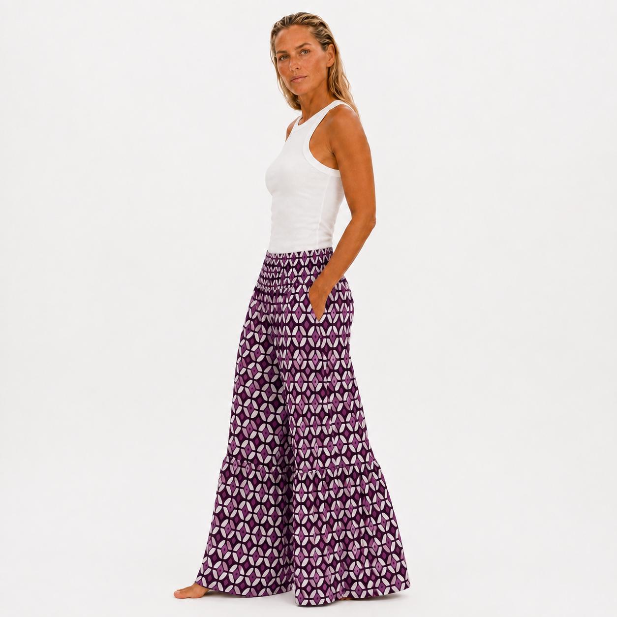 Mauve Geometric Maxi Skirt, Smocked Waist Tiered Skirt, Boho Print Long Skirt, Women’s Vacation Skirt, Beachchi Skirt