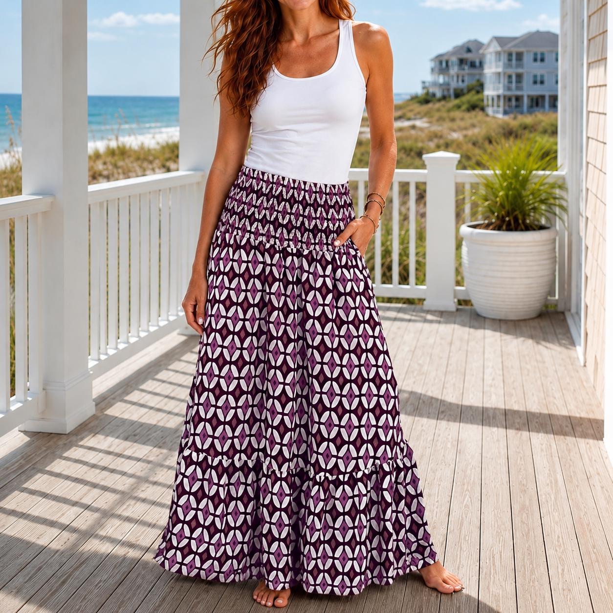Mauve Geometric Maxi Skirt, Smocked Waist Tiered Skirt, Boho Print Long Skirt, Women’s Vacation Skirt, Beachchi Skirt