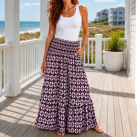 Mauve Geometric Maxi Skirt, Smocked Waist Tiered Skirt, Boho Print Long Skirt, Women’s Vacation Skirt, Beachchi Skirt
