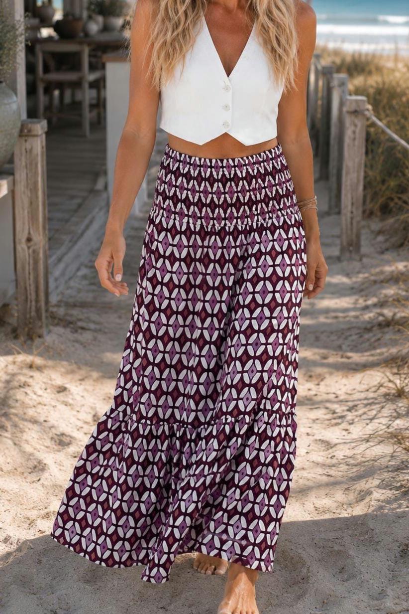 Mauve Geometric Maxi Skirt, Smocked Waist Tiered Skirt, Boho Print Long Skirt, Women’s Vacation Skirt, Beachchi Skirt
