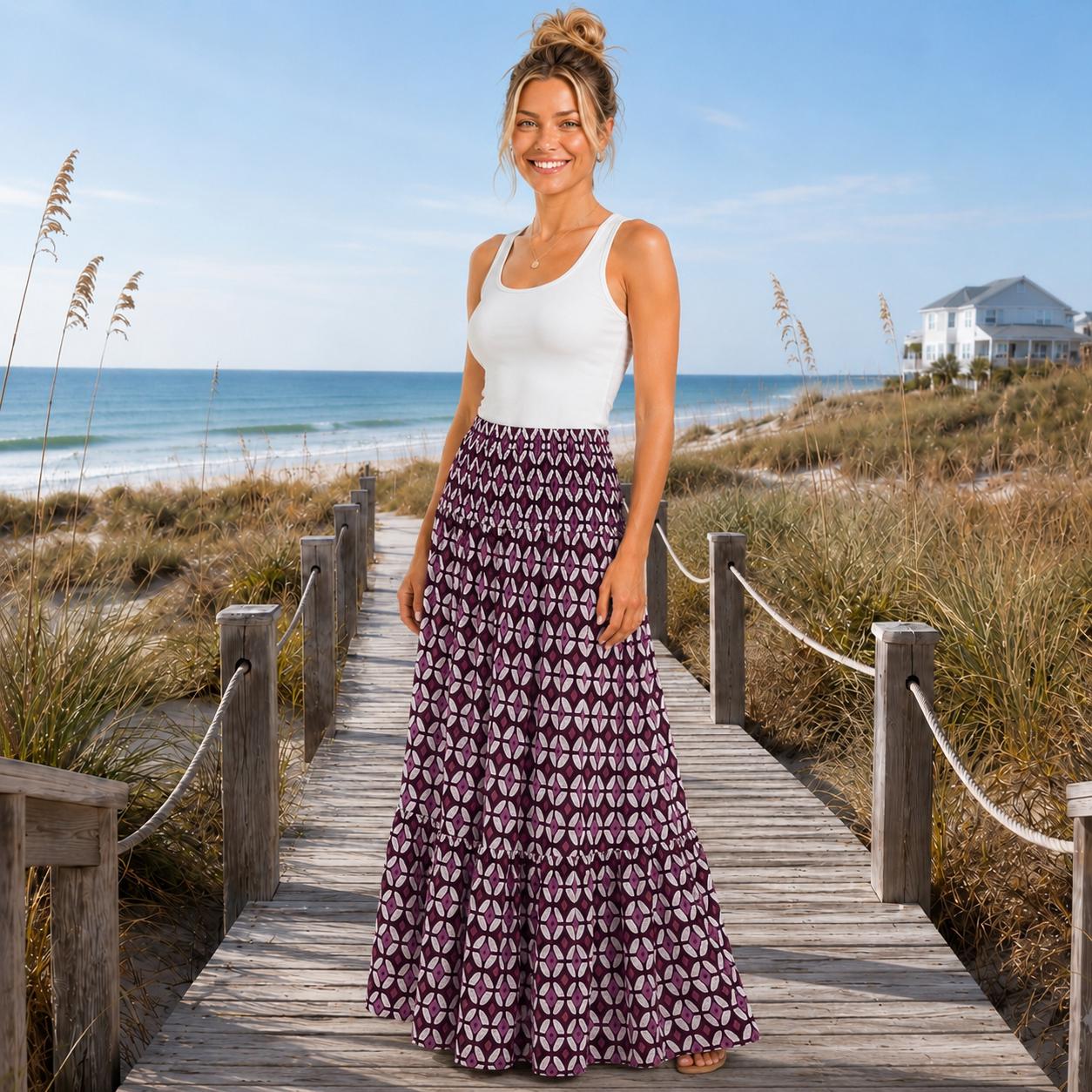 Mauve Geometric Maxi Skirt, Smocked Waist Tiered Skirt, Boho Print Long Skirt, Women’s Vacation Skirt, Beachchi Skirt