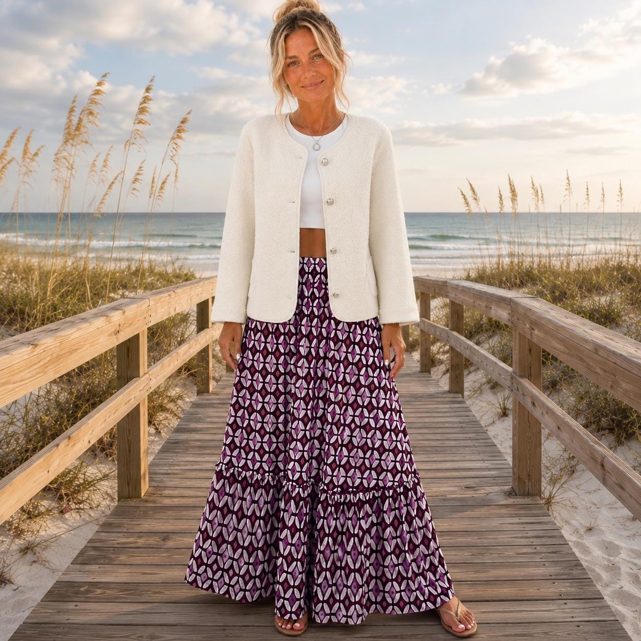 Mauve Geometric Maxi Skirt, Smocked Waist Tiered Skirt, Boho Print Long Skirt, Women’s Vacation Skirt, Beachchi Skirt