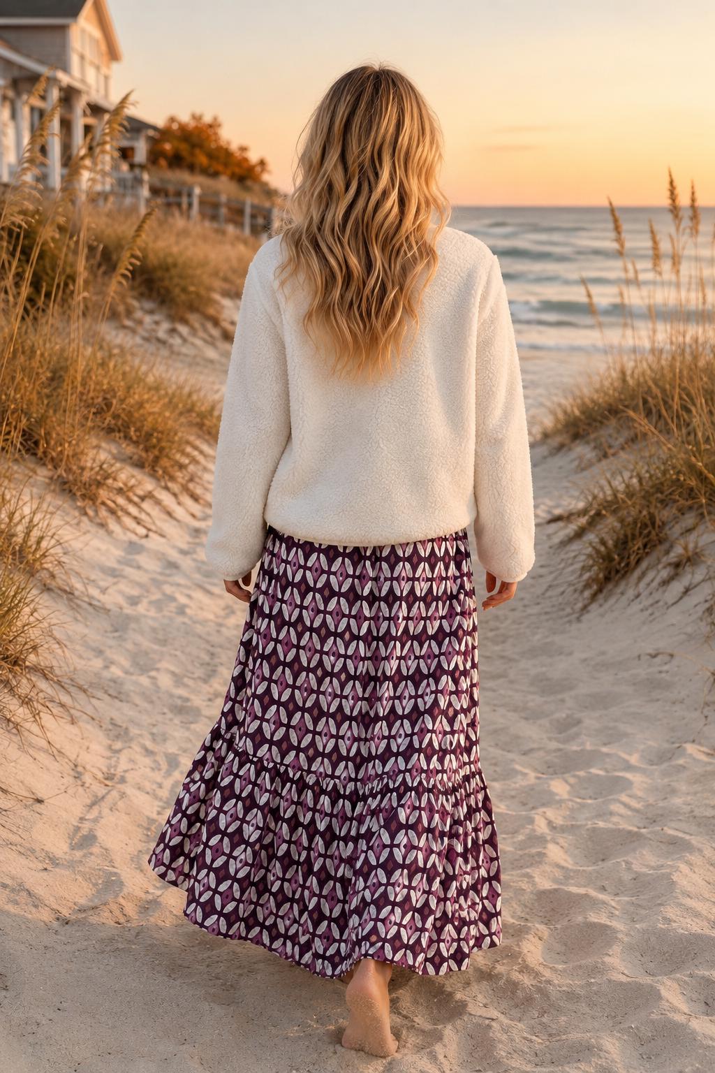 Mauve Geometric Maxi Skirt, Smocked Waist Tiered Skirt, Boho Print Long Skirt, Women’s Vacation Skirt, Beachchi Skirt
