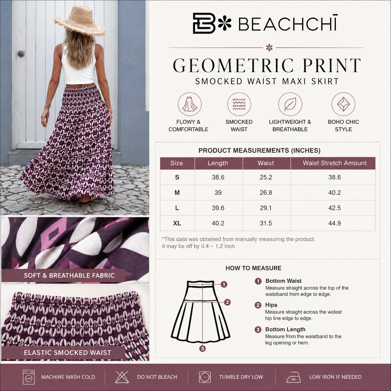 Mauve Geometric Maxi Skirt, Smocked Waist Tiered Skirt, Boho Print Long Skirt, Women’s Vacation Skirt, Beachchi Skirt