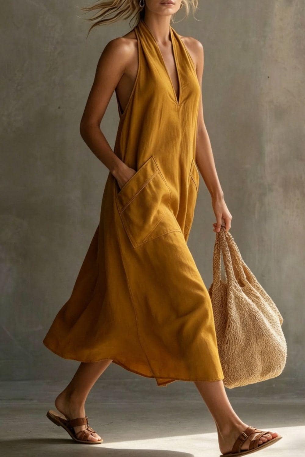Summer casual halter neck pocket midi dress, sheer linen look