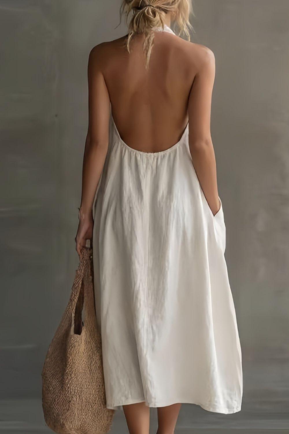 Summer casual halter neck pocket midi dress, sheer linen look