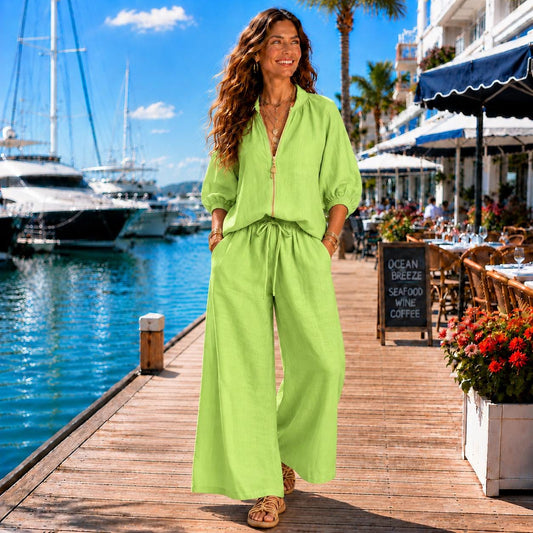 Women’s Coastal Two Piece Set, Zip Front Top & Wide Leg Pants, Resort Vacation Outfit, Plus Size Matching Set
