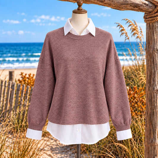 Layered Look Sweater Women, Collared Long Sleeve Knit Top, Stretchy Pullover Sweater, Casual Fall Winter Top, Plus Size S-5XL
