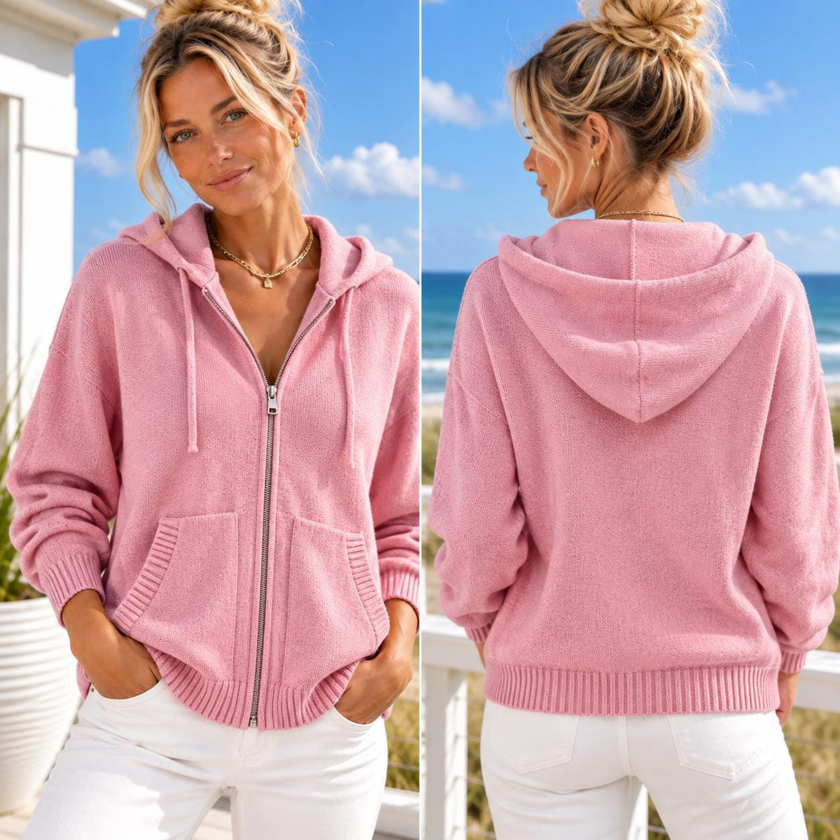 Women’s Coastal Knit Zip Up Hoodie Sweater, Stretchy Hooded Cardigan, Pocket Sweater Jacket, Beach Layering Top