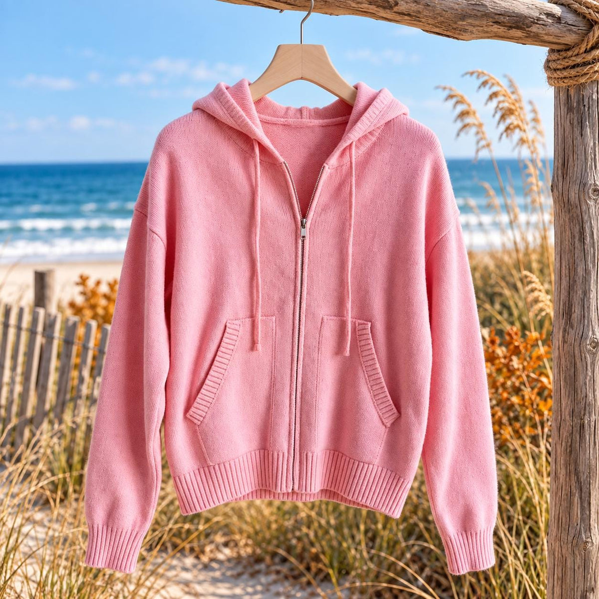 Women’s Coastal Knit Zip Up Hoodie Sweater, Stretchy Hooded Cardigan, Pocket Sweater Jacket, Beach Layering Top