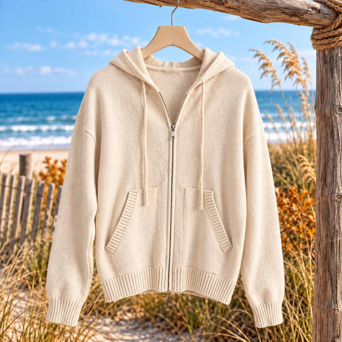 Women’s Coastal Knit Zip Up Hoodie Sweater, Stretchy Hooded Cardigan, Pocket Sweater Jacket, Beach Layering Top