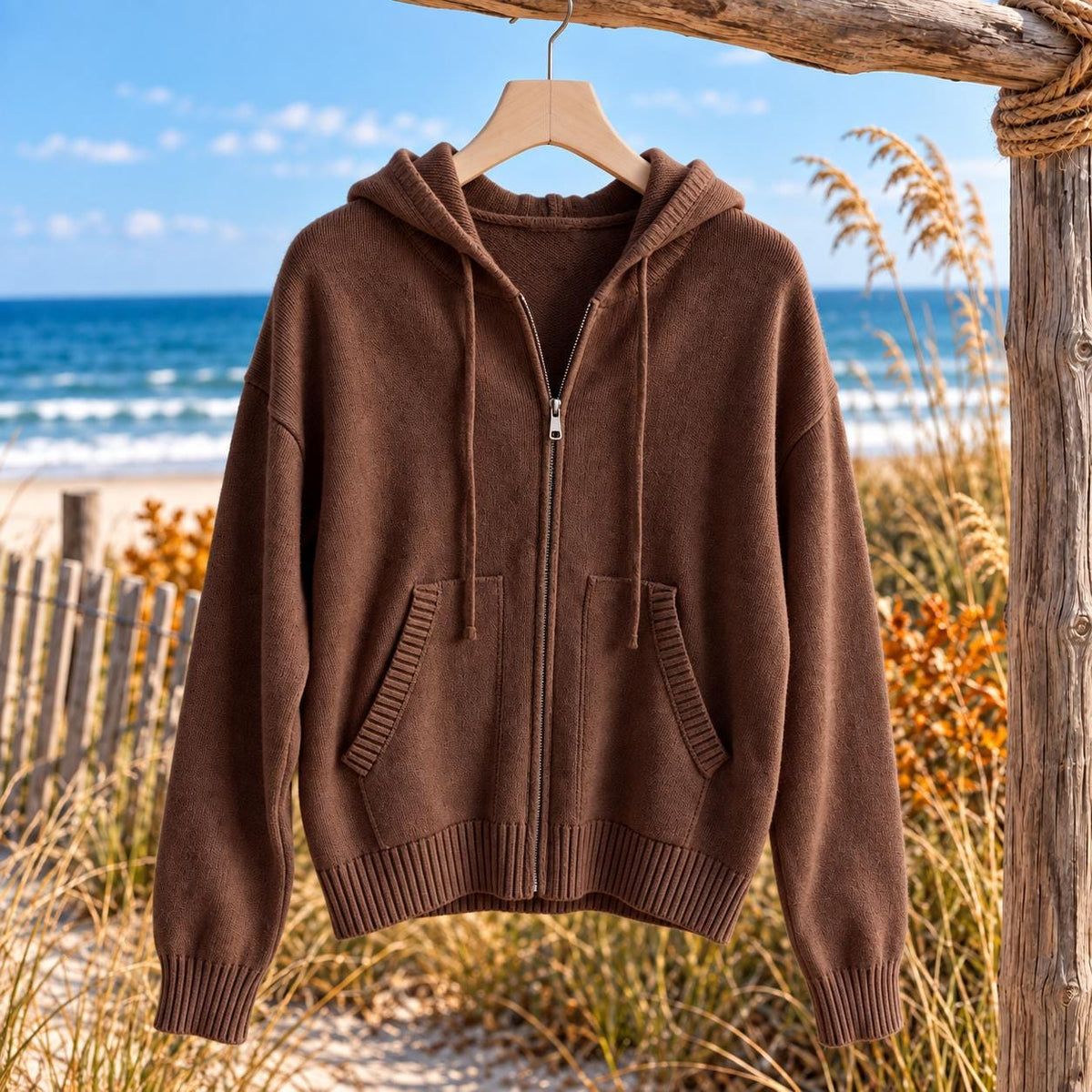 Women’s Coastal Knit Zip Up Hoodie Sweater, Stretchy Hooded Cardigan, Pocket Sweater Jacket, Beach Layering Top