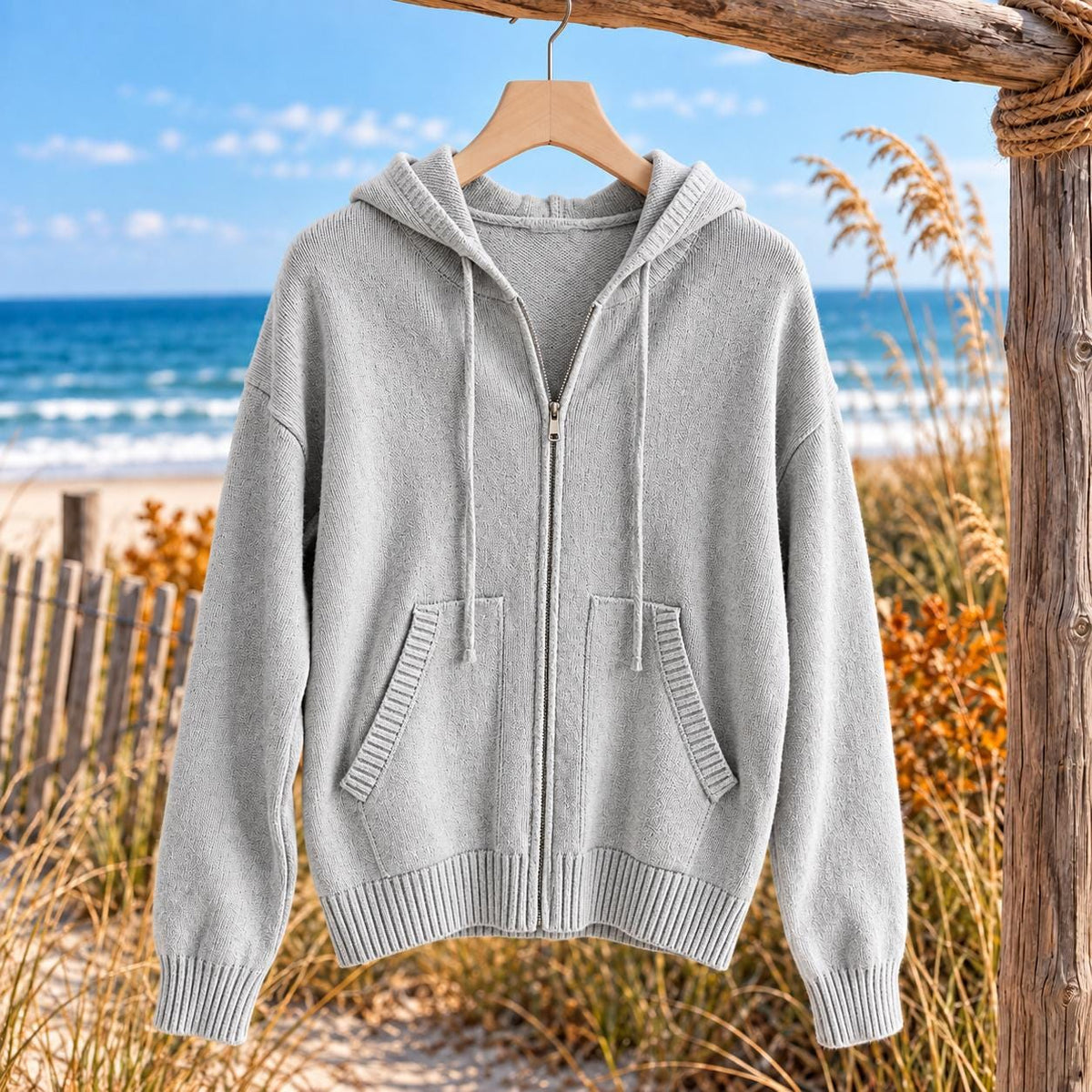 Women’s Coastal Knit Zip Up Hoodie Sweater, Stretchy Hooded Cardigan, Pocket Sweater Jacket, Beach Layering Top