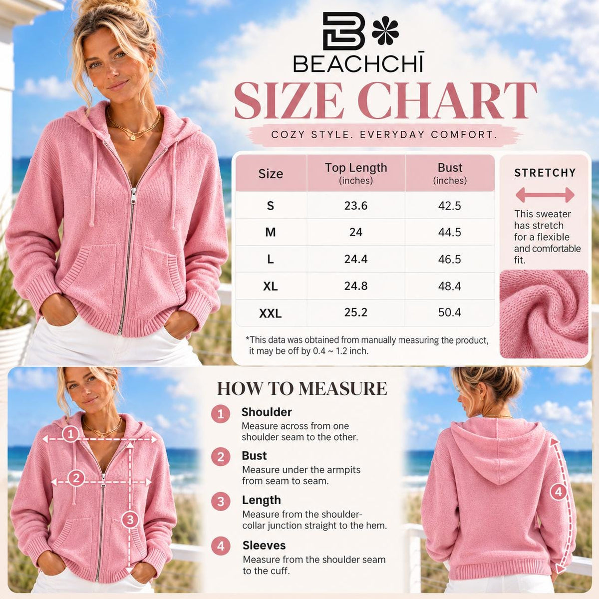 Women’s Coastal Knit Zip Up Hoodie Sweater, Stretchy Hooded Cardigan, Pocket Sweater Jacket, Beach Layering Top