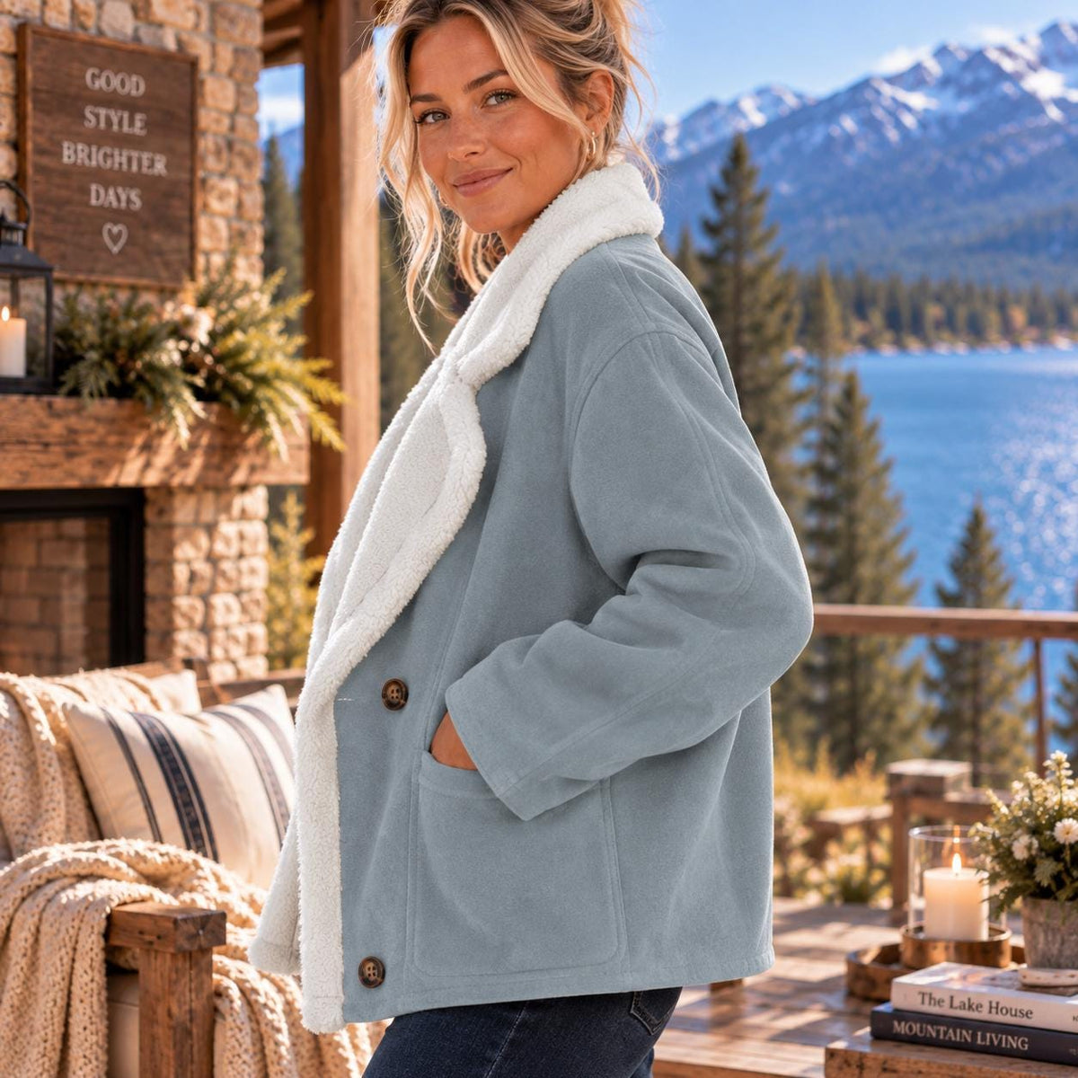 Plush Sherpa Lined Jacket, Women’s Oversized Dropped Shoulder Coat, Double Breasted Winter Jacket, Cozy Pocketed Outerwear