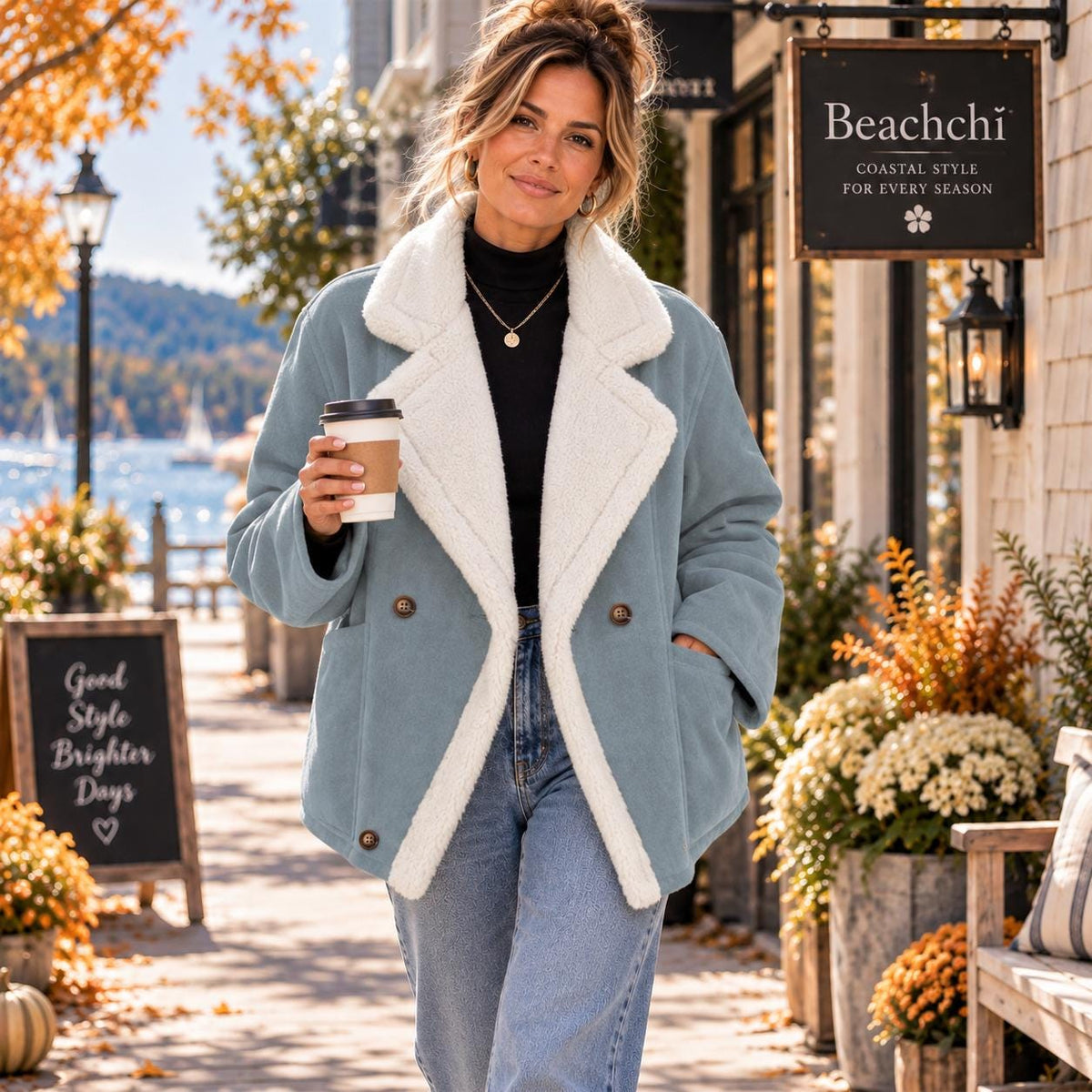 Plush Sherpa Lined Jacket, Women’s Oversized Dropped Shoulder Coat, Double Breasted Winter Jacket, Cozy Pocketed Outerwear