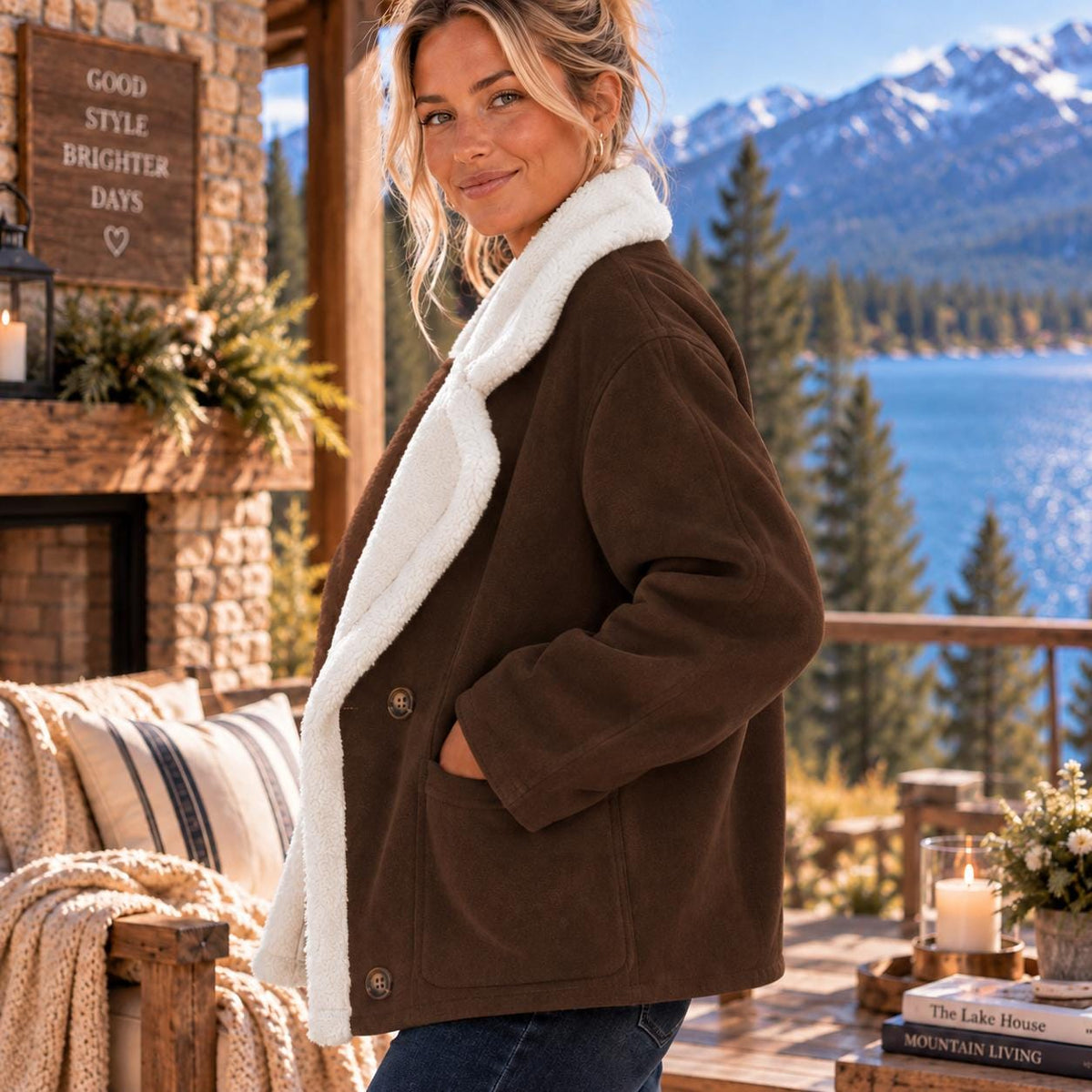 Plush Sherpa Lined Jacket, Women’s Oversized Dropped Shoulder Coat, Double Breasted Winter Jacket, Cozy Pocketed Outerwear