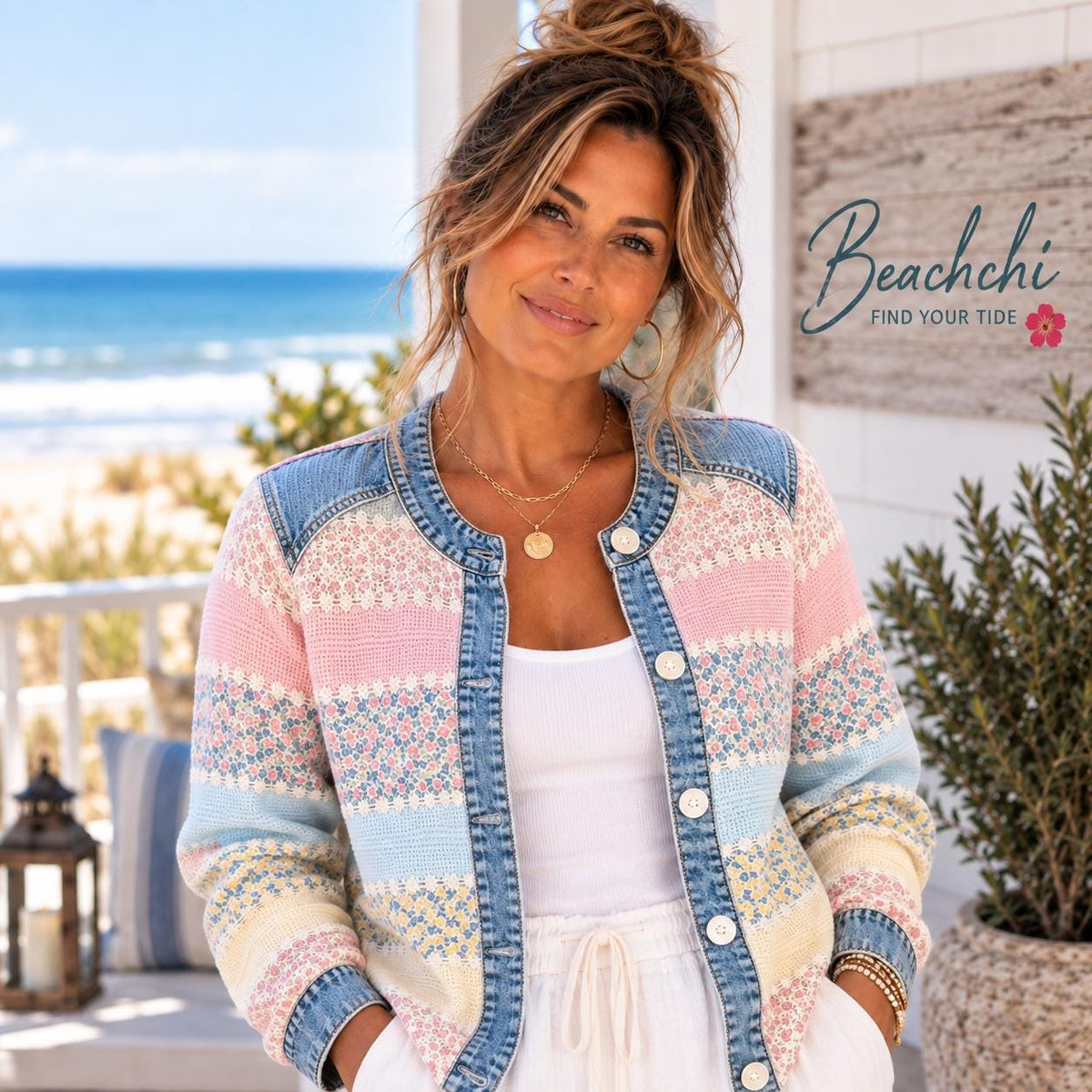 Pastel Floral Patchwork Jacket, Denim Trim Button Front Cardigan, Coastal Lightweight Jacket, Women’s Spring Layer S-3XL