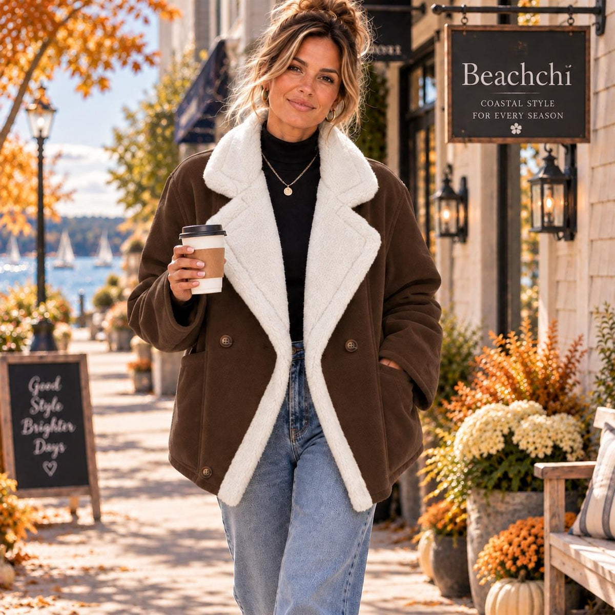 Plush Sherpa Lined Jacket, Women’s Oversized Dropped Shoulder Coat, Double Breasted Winter Jacket, Cozy Pocketed Outerwear
