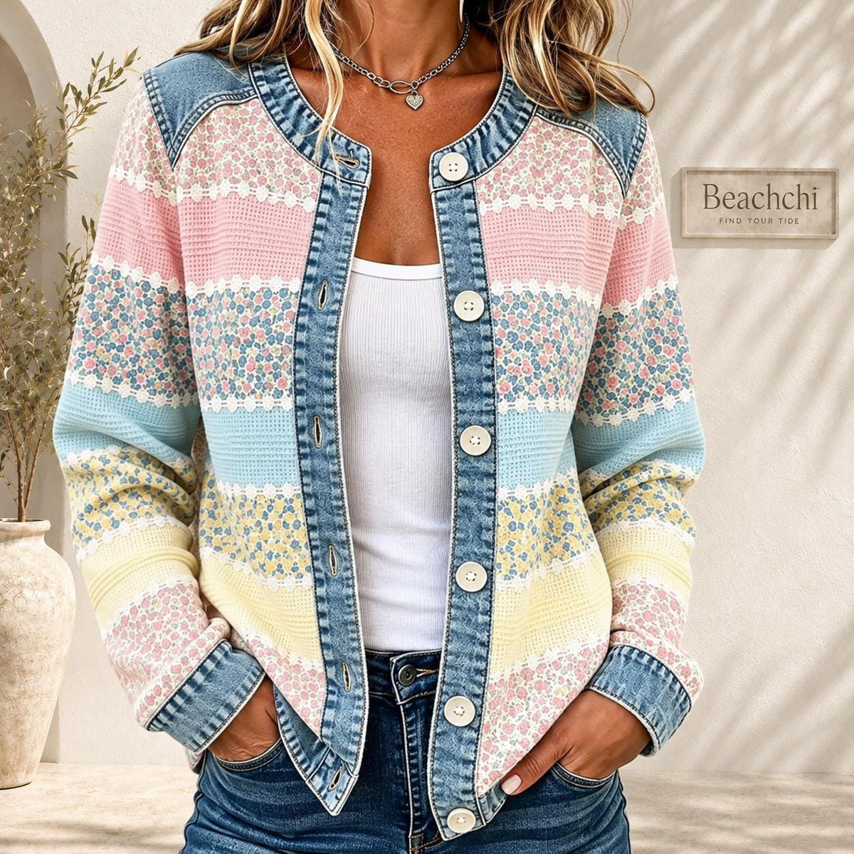 Pastel Floral Patchwork Jacket, Denim Trim Button Front Cardigan, Coastal Lightweight Jacket, Women’s Spring Layer S-3XL