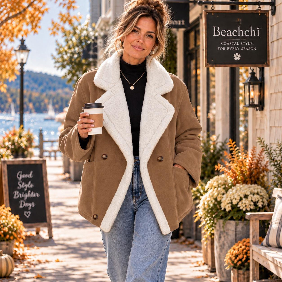 Plush Sherpa Lined Jacket, Women’s Oversized Dropped Shoulder Coat, Double Breasted Winter Jacket, Cozy Pocketed Outerwear
